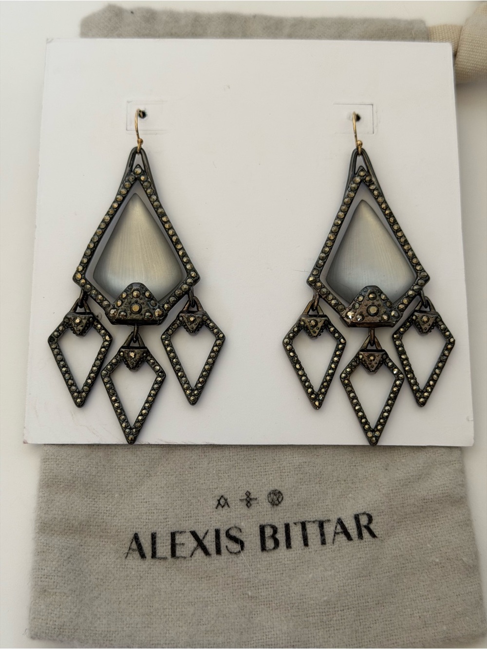 Alexis Bittar oxidized metal & crystal pave & mop Geometric Chandelier Earrings - Picture 3 of 6